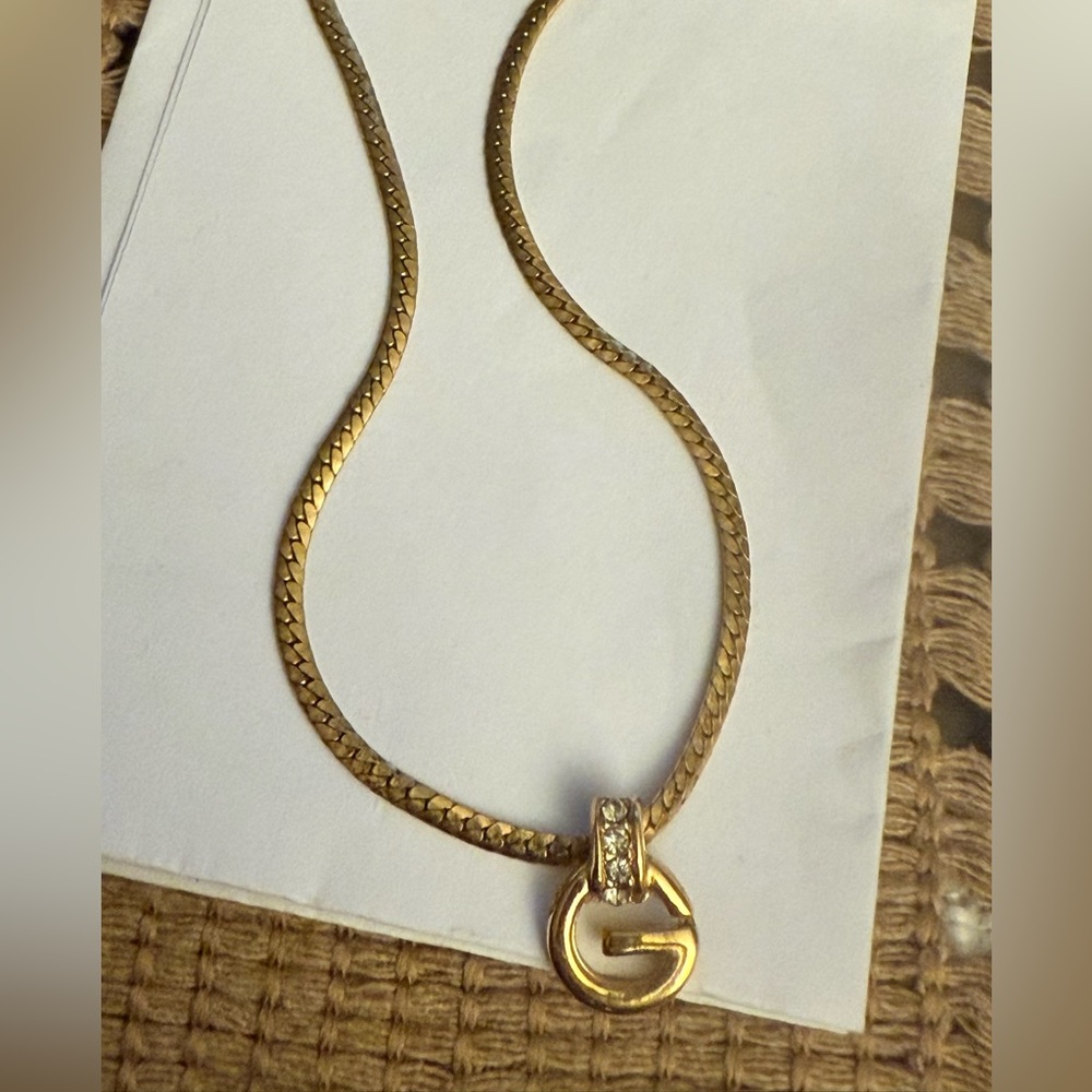 Givenchy Gold Tone Necklace with G Pendant and crystals